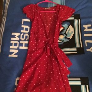 Red polka dot wrap around dress